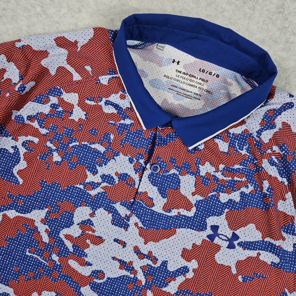 Under Armour Men's Large Polo Iso-Chill Red Blue Camo Golf Performance Shirt USA